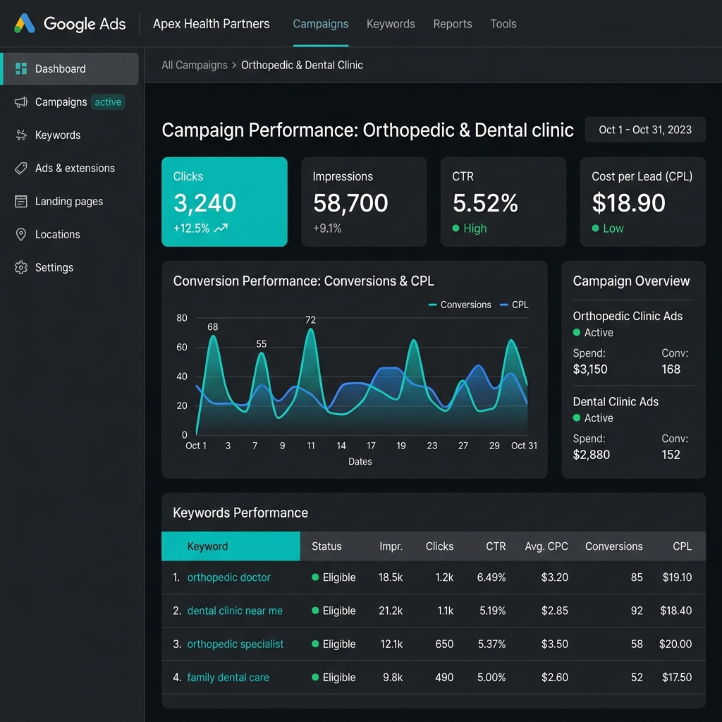 Google Search Ads campaign dashboard mockup