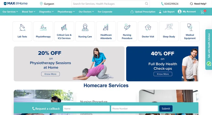 Max at Home healthcare website homepage