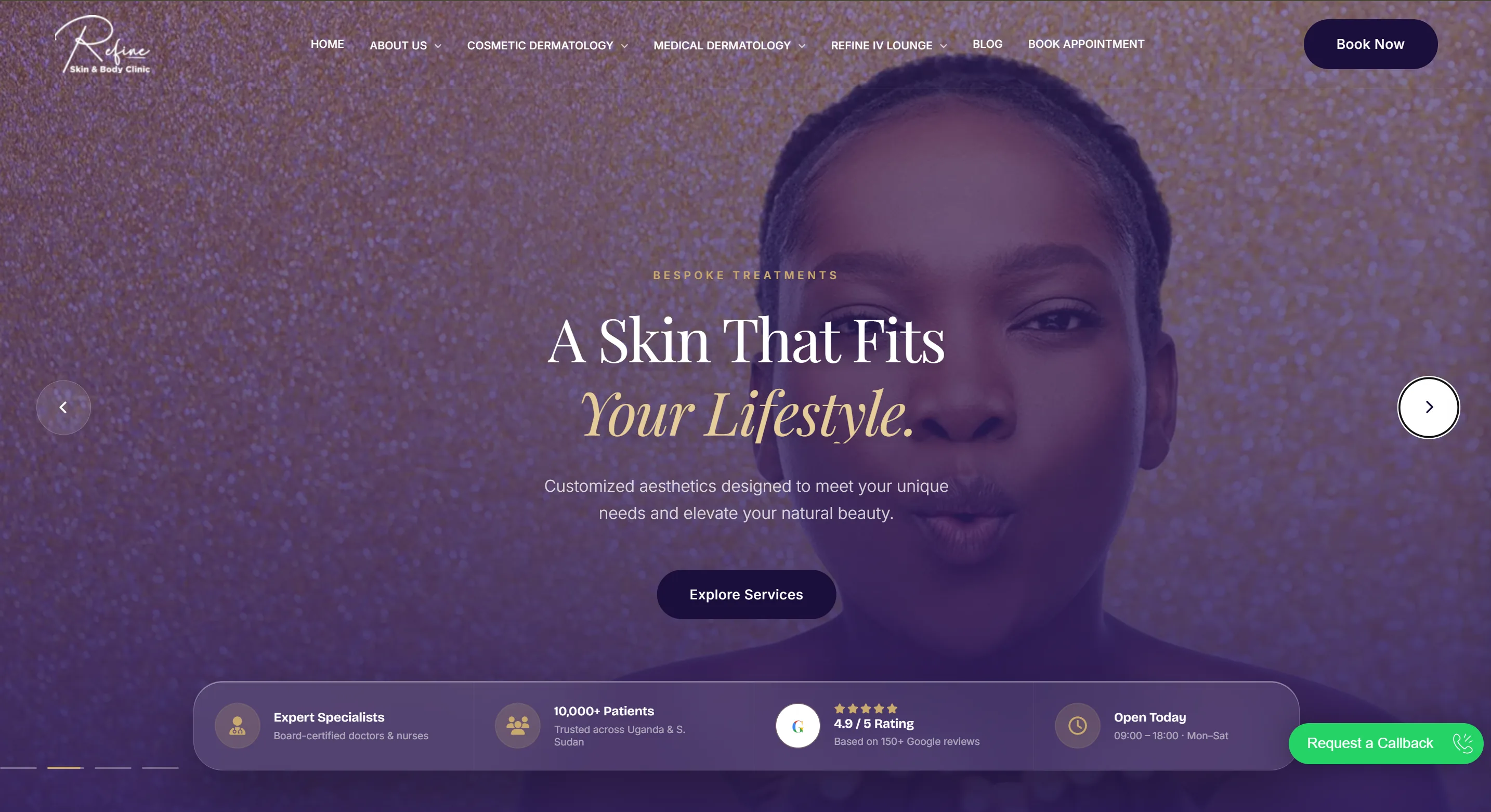 Refine Skin and Body Clinic website homepage